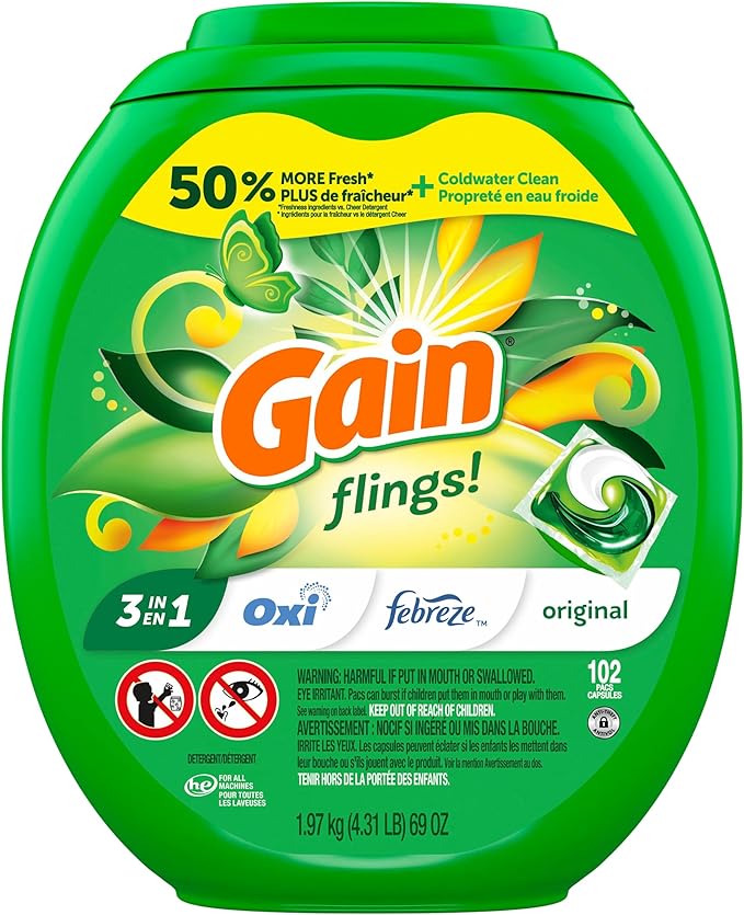 Gain Flings Laundry Detergent Pacs, 102 Count, Original Scent, with Odor Defense, concentrated laundry soap pacs