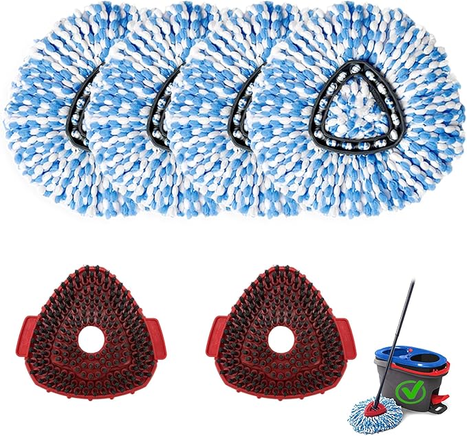 6PCS Spin Mop Replacement Heads,with Only Fit for RinseClean 2-Tank System,Machine Washable & Easy to Replace.Including 4 Spin mop Replacement Heads, 2 Brush Head