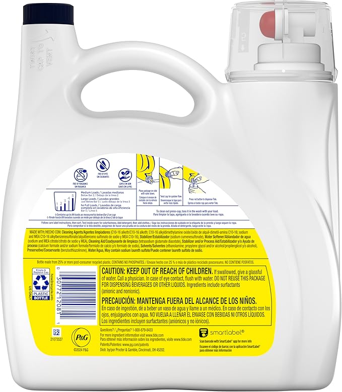 Tide Simply Liquid Laundry Detergent, Free & Sensitive Scent, 89 Loads, 117 fl oz