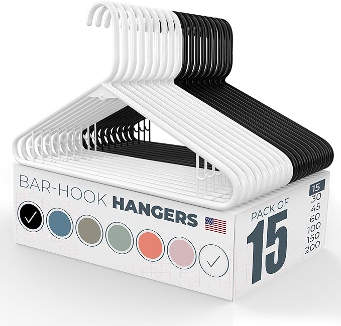 Neaties Plastic Hangers 15 Pack - Made in the USA - 6lb Capacity Standard Clothes Hangers with Strap Hooks for Dresses, Lingerie, Shirts, Pants, and Jackets - White & Black