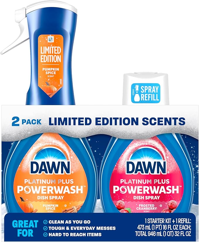 Dawn Powerwash Spray, Dish Soap, Dishwashing Liquid, Pumpkin Spice + Frosted Cranberry, 1 Starter Kit + 1 Refill, 2x16 Fl Oz