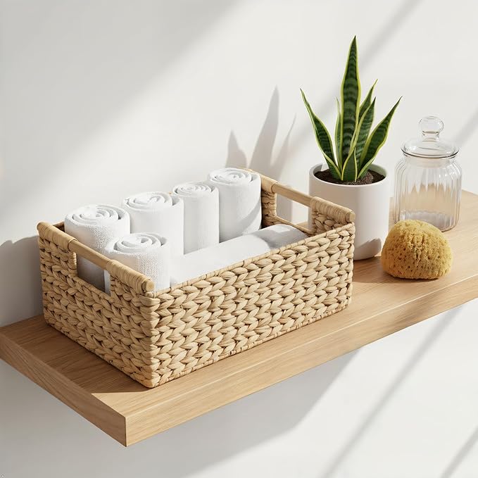 Large Rectangular Wicker Basket - Premium Water Hyacinth Storage Basket with Built-in Wooden Handles for Home Organization, Shelf Organizer, Decorative Natural Handwoven Basket 15.5x10.8x6.2"
