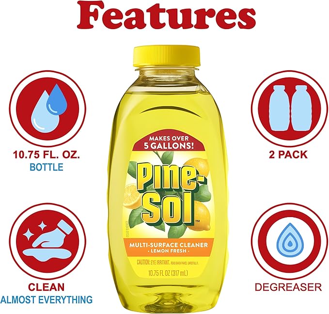 Pine-Sol Multi Surface Cleaner, 2 Pack, Concentrated Multi Purpose Cleaner and Degreaser for Kitchen and Bathroom, Makes 5 Gallons, Lemon Fresh Scent, 10.75 oz. Each