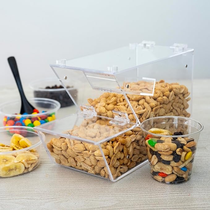Inevibe Candy Bin Topping Dispenser - Acrylic Bulk Sprinkle Container with Scoop, Stackable & Magnetic for Multiple Holders - For Cereal, Nuts, Candies & Snack Food Storage - 2 Pack