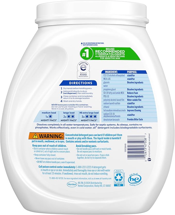 all Unit Dose Laundry Detergent, Mighty Pacs, Free Clear, 80 Count