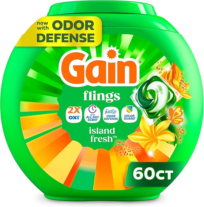 Gain Flings Laundry Detergent Pacs, 60 Count, Island Fresh Scent, with Odor Defense, concentrated laundry soap pacs