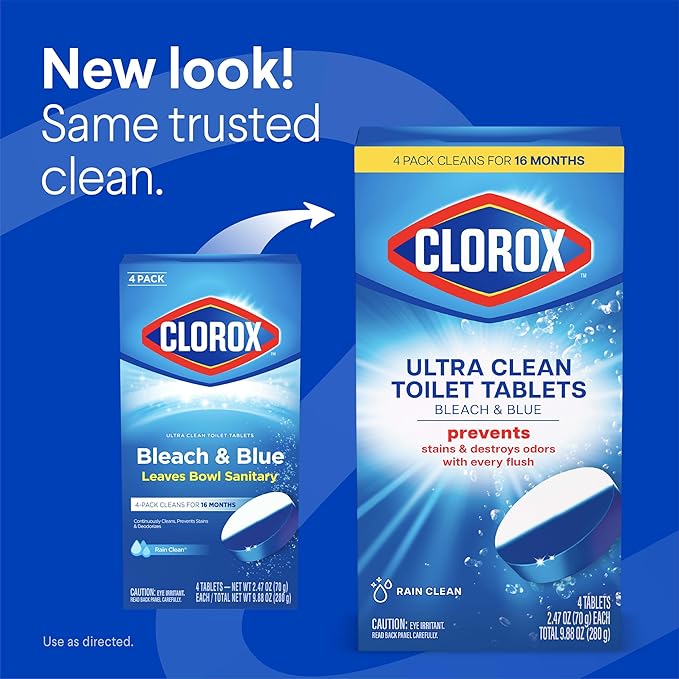 Clorox Ultra Clean Toilet Tablets Bleach & Blue, Rain Clean Scent, 2.47 Ounces Each, 4 Count (Package May Vary)