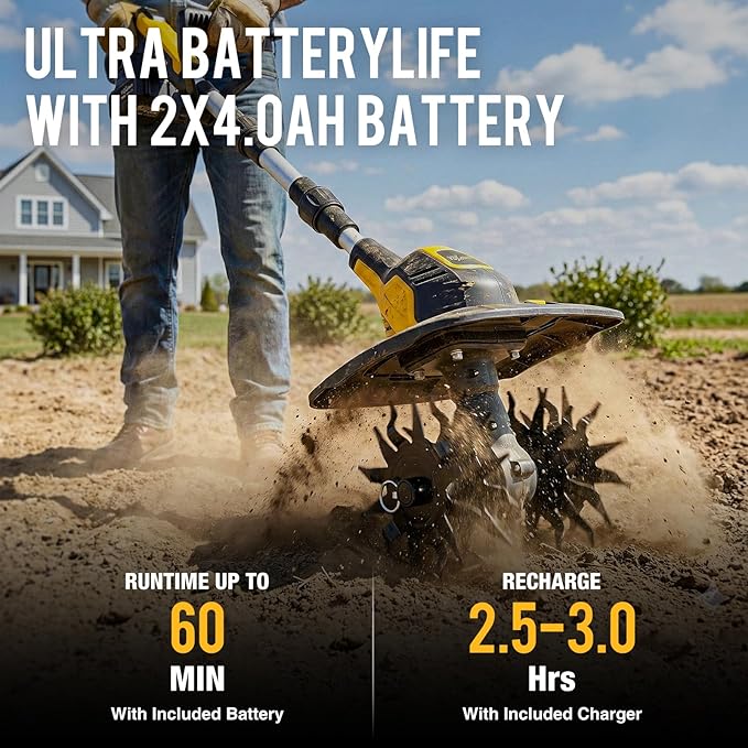 20V Cordless Tiller Cultivator, with 2 * 4.0Ah Batteries & Charger, 9In Tilling Width and 7In Depth Garden Rototiller for Lawn/Gardening/Soil Cultivation, Yellow