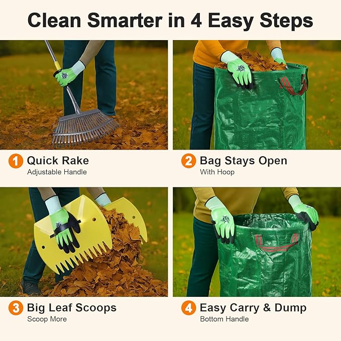 Adjustable Garden Rake for Leaves 36 to 73 Inch 25 Tines with Leaf Scoops, 32 Gallon Self Standing Yard Waste Bag Hoop, 2 Pairs Latex Coated Gloves