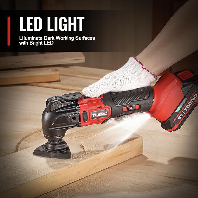 TEENO 20V Cordless Oscillating Tool with 2 Batteries, 4° Oscillation Angle Oscillating Saw, 6 Variable Speeds with Quick-Lock Change System, 26PCS Multitool Blades & Carrying Bag for DIY Projects