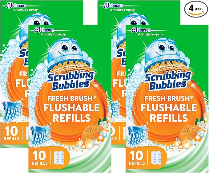 Scrubbing Bubbles Flushable Toilet Wand Refills, Fresh Brush Toilet Cleaner Refill Pads, Cleans Limescale & Fights Odors, Citrus Scent, 10 Count, Pack of 4