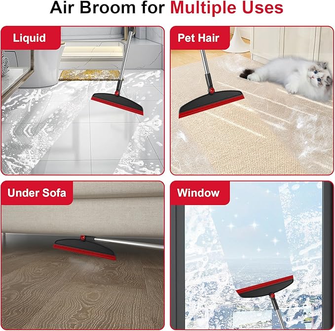Broom with Dustpan Combo Set and Silicone Air Broom Kit, 51" Long Handle Floor Squeegee, Red Household Kit for Glass Window Rugs Pet Hair Home