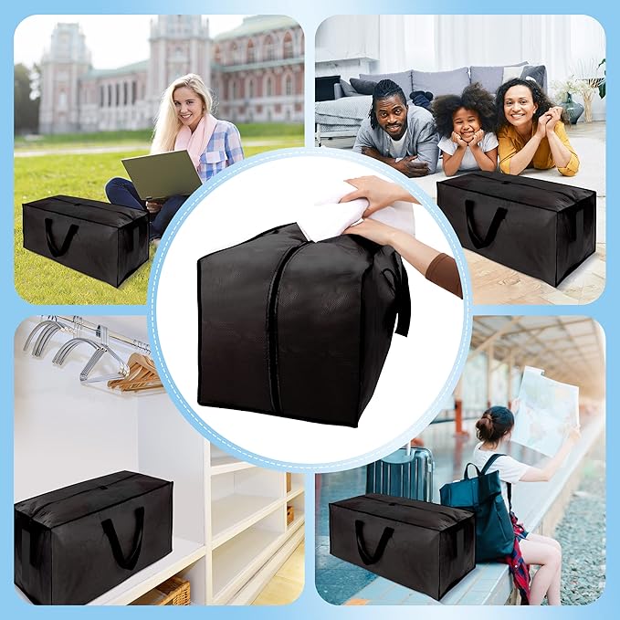 HOMESURE 8 Pack Large Strong Bags with Zippers & Carrying Handles - Water-Resistant - Heavy Duty Storage Tote for Space Saving, Fold Flat, Alternative to Moving Box (Black)