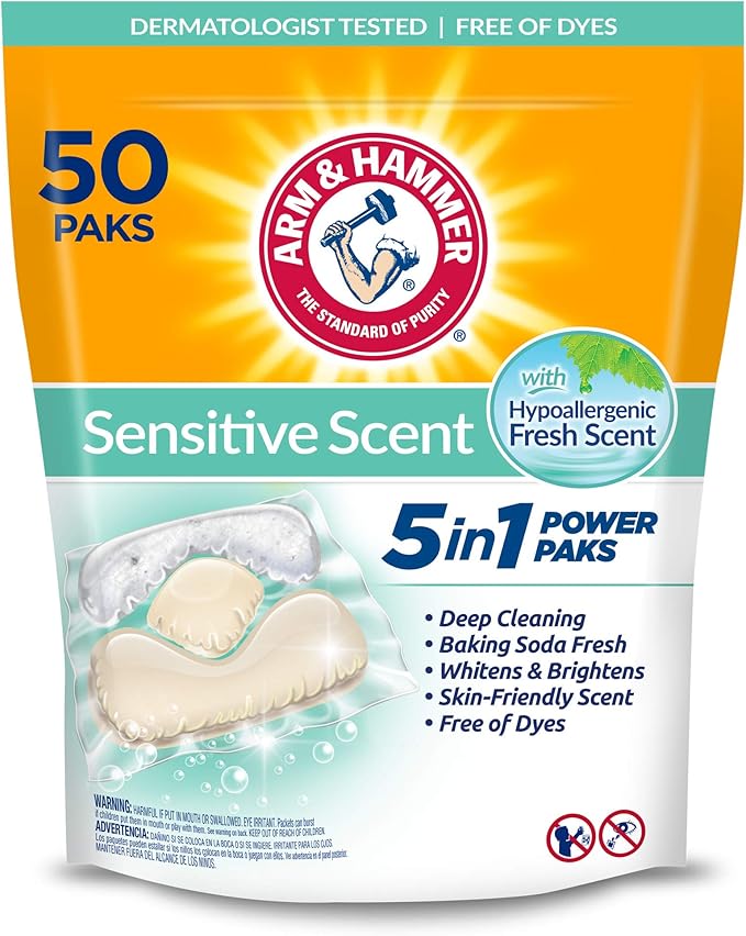 Arm & Hammer Sensitive Scent 5-in-1 Laundry Detergent Power Paks, 50 Count, Fresh