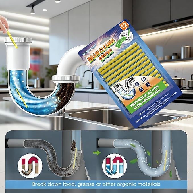 Drain Cleaner and Deodorizer Sticks, 24 Pcs Enzyme Drain Sticks - Natural Clog Remover & Odor Eliminator, Prevent Clogged Drains Year-Round in Kitchen, Bathroom, Shower & Toilet