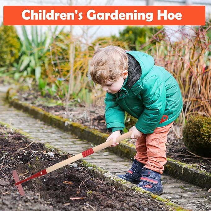 Kids Garden Lawn Hoe-Small Wooden Handle Hoe with Metal Head, 31 inches/ 79 cm Length, for Kids Garden Labor Tool (Red)