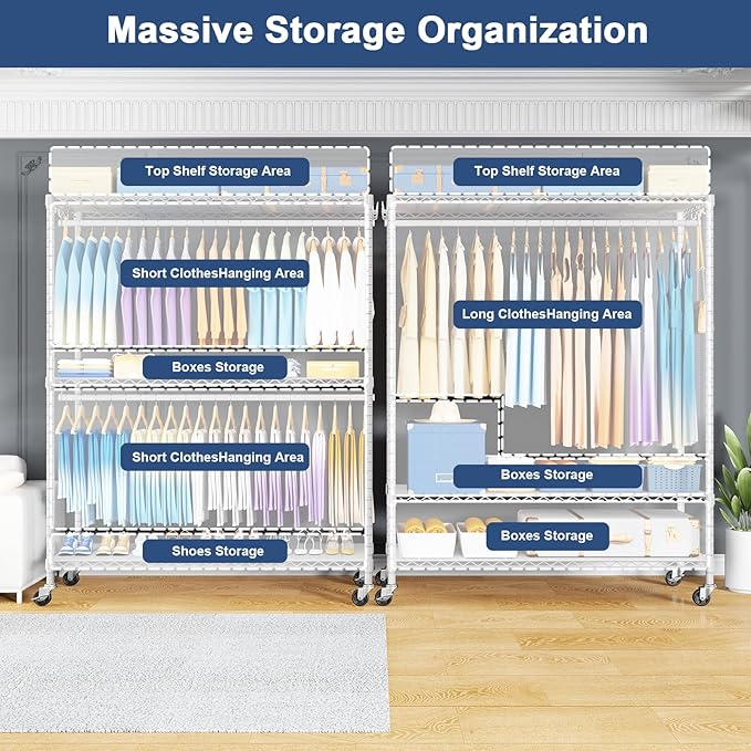 ULIFHOME P8C Max Heavy Duty Clothes Rack（With Extended Width Design） Rolling Clothing Racks for Hanging Clothes with Lockable Wheels，51.2"W x 15.8"D x 80.5"H，Load 700LBS，White Rack with Black Cover