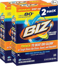 Biz Laundry Detergent Powder, Stain and Odor Eliminator for Tough Stains Like Grass Sweat and Chocolate, Powder Laundry Detergent with 4 Stain Fighters, Color Safe, Unscented, 2 Pack, 75 Oz Total