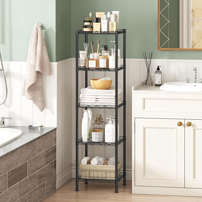 HOMEFORT Storage Shelves, 5-Wire Shelving, Metal Shelving Unit Adjustable Storage Shelves Rack for Kitchen, Pantry, Bathroom, Black, 11.6" W x 11.6" D x 46" H