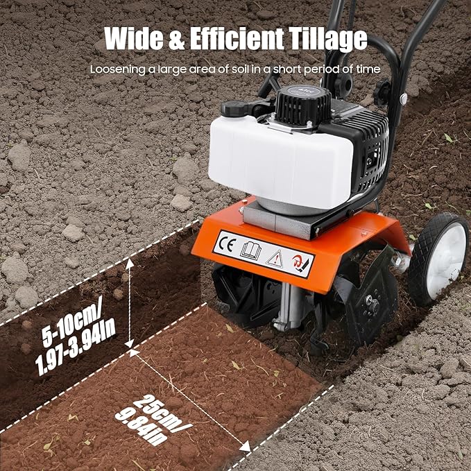 Rototiller Gas Powered, 43CC 2-Cycle Garden Tiller, Mini Tiller for Gardening with 4 Steel Adjustable Front Tines for Lawn, Garden and Field Soil Cultivation, Furrowing