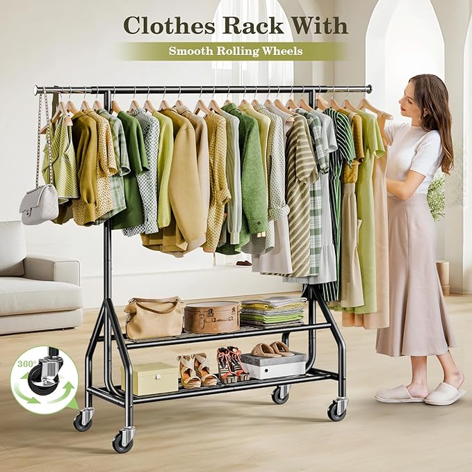 Holiwei Clothes Rack with 2 Shelves, Heavy Duty Garment Rack Load 450 LBS, Standing Rolling Metal Hanging Clothes with Sturdy Wheels & Shelves