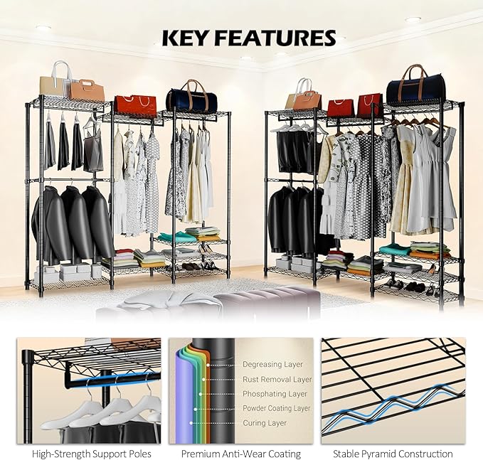 KAXIWEI Portable Closet Wardrobe – Heavy-Duty Freestanding Clothes Rack with 4 Hanging Rods & 8 Shelves, Adjustable Clothing Organizer, 67.3" L x 14.6" W x 76.8" H, Max Load 850 lbs