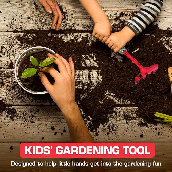 Rugg Kids Garden Hand Hoe, Mini Digging Tool with Wooden Handle, Gardening Tool for Children, Red