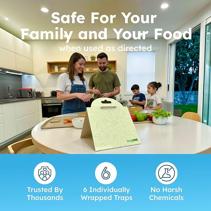 BugMD Pantry Moth Traps (6-Pack) – Pheromone-Based Sticky Glue Traps, Non-Toxic, Kills Indian Meal Moths – Kitchen & Food-Storage Safe - Original