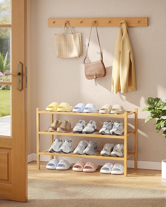 Kitsure Bamboo Wooden Shoe Rack for Closet - Stackable Shoe Organizer with Modular Structure, Space-Saving Shoe Shelf for Entryway, Living Room, Bedroom, 26.8" x 11" x 18.9", Natural