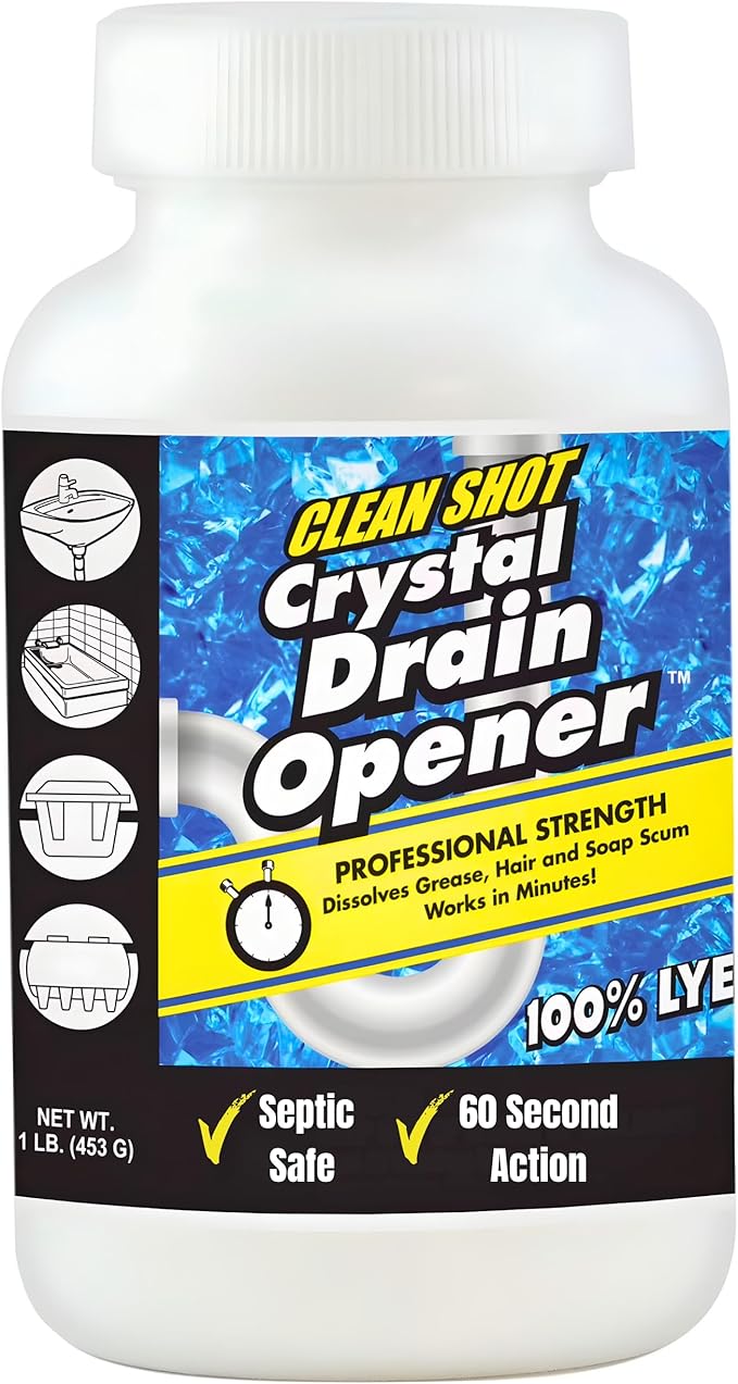 Clean Shot Crystal Lye Drain Opener - Professional Strength Cleaner for Tough Clogs - Heavy Duty Sodium Hydroxide Bathroom and Kitchen Sink, Shower, Pipes Unclogger, 1 lb
