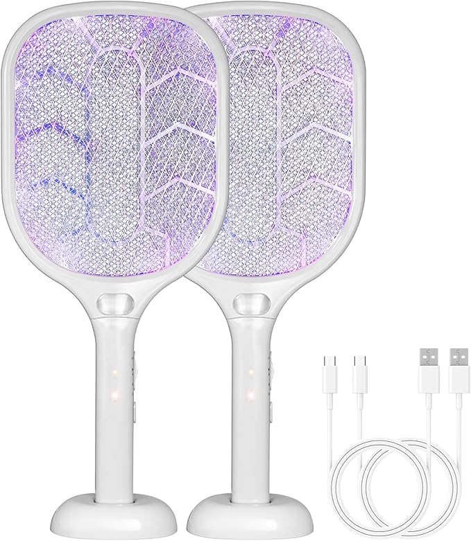 Lulant Electric Fly Swatter Racket,3000V Bug Zapper Racket,1800mA Battery Rechargeable Mosquito Killer, Type-C Rechargeable Base, Three-Layer Protective Safety Mesh for Indoor and Outdoor (2Pack)