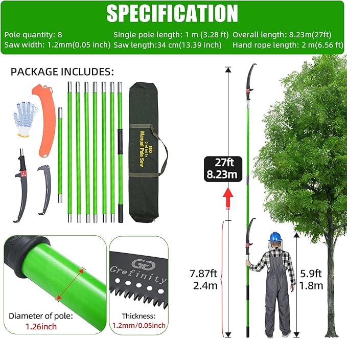 Manual Pole Saw for Tree Trimming, 27 FT Manual tree purner with 8-Section Fiberglass Handle, Sharp steel Blade, Easy to Carry and Extendable Design for Tree Maintenance, Green