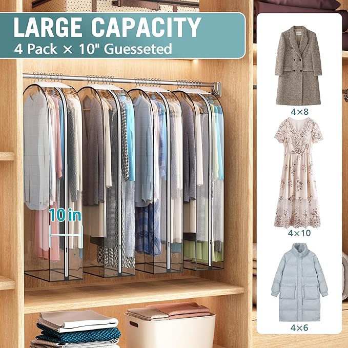 Liuoud Clear Garment Bag for Hanging Clothes 10” Gusseted, 50” Suit Bags for Open Closet Storage Plastic Clothes Cover for Coat, Dress, Shirts, Fur, Jacket, Wardrobe Protectors, 4 Pack
