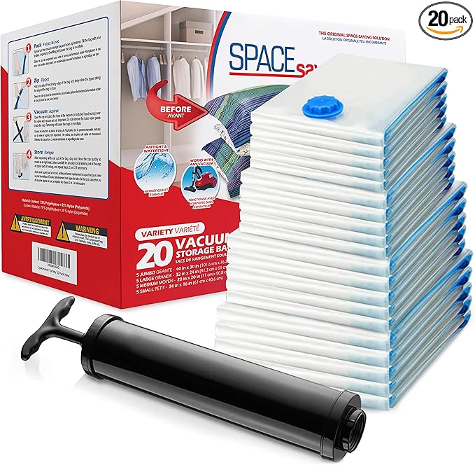 20-Pack Variety Vacuum Storage Bags for Comforters, Blankets & Clothes – Vacuum Sealed Compression Bags with Hand Pump – Space Saver Storage Bags for Bedding,Travel & Organization (5S, 5M, 5L & 5XL)
