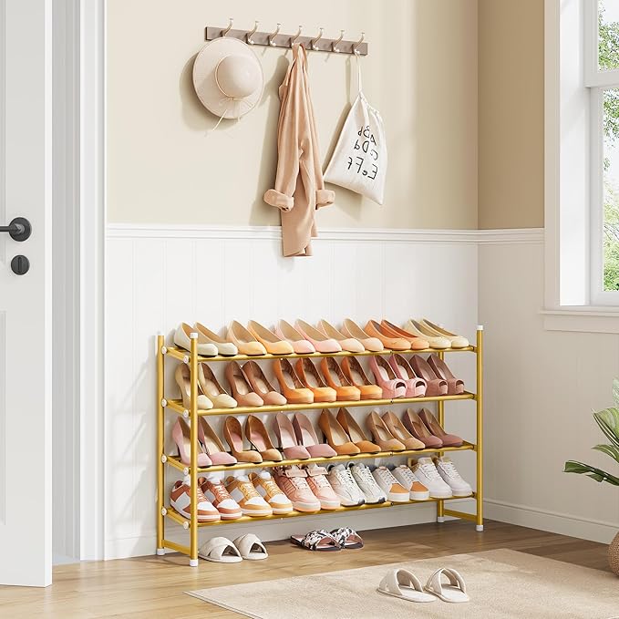 Tajsoon Expandable Shoe Rack for Closet 4 Tier, 29“-41“Adjustable & Stackable Shoe Shelf Storage, Metal Shoe Rack Organizer for Front Door Entrance, Closet, Garage, Entryway, Gold