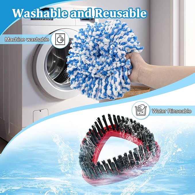 Spin Mop Handle, Mop Heads Replacements,Scrubber Brush and Mop Base Compatible with Ocedar RinseClean 2-Tank System, Mop Handle and Head Replacement Combo Set for Wet Dry Use Floor Cleaning