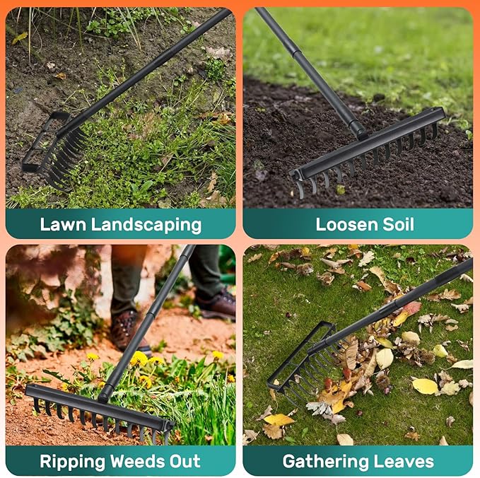 Stirrup Hoe with 76.8" Adjustable Long Handle Weed Puller Heavy Duty Garden Hoe with 12 Tines Rake 2-in-1 Gardening Tool for Loosening Soil, Gathering Leaves, Weeding