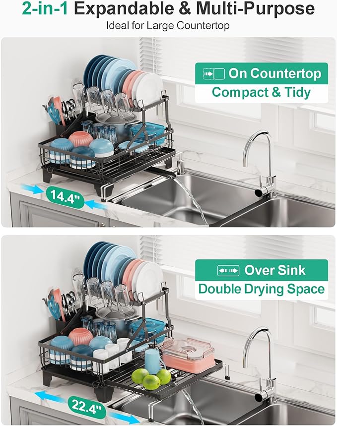 iSPECLE 2 Tier Dish Drying Rack for Kitchen Counter, Expandable Large Dish Drainer with Drainboard Set, Rust Resistant Dish Rack with Utensil & Cup Holder, 16.9" W x 14.4"-22.4" L, Black
