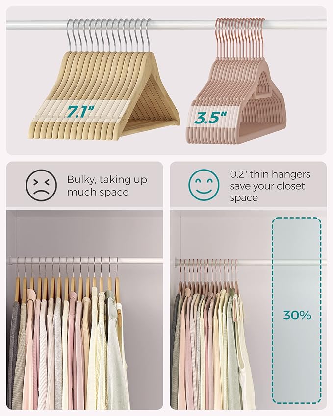 SONGMICS Velvet Hangers, Set of 50 Clothes Hanger with Rose Gold Swivel Hook, Non-Slip, and Space-Saving, 0.2-Inch Thick, 17.1-Inch Long for Coat, Shirt, Dress, Pants, Tie, Caramel Brown UCRF021LB50