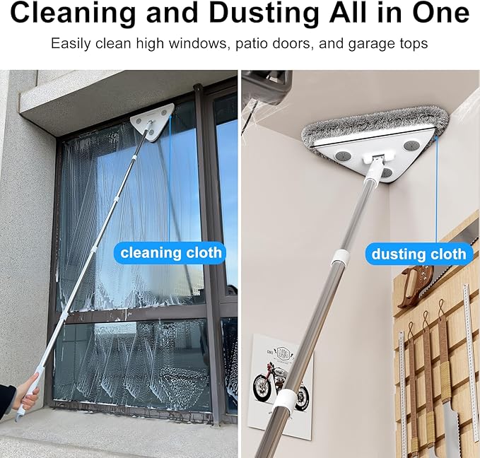 CTIME 78'' 3 in1 Professional Window Squeegee & Wall Mop : Window Cleaning Kit with 360° Rotating Triangular Head & Universal Cloth Slots (Includes 3 Reusable Pads)