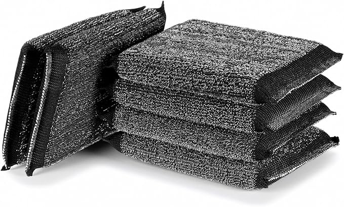 6 Pack Steel Wool Scrubber Sponges, Heavy Duty Stainless Steel Scouring Pads Reusable Non Scratch Metal Sponges Hand-Friendly Kitchen Cleaning Tool for Pots and Pans Tough Grease & Grime (Black)
