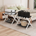 Smuxee White Bamboo Luggage Rack Pack of 2, Foldable Suitcase Stand with Storage Shelf, Easily Assembled Luggage Stand with 5 Nylon Straps for Guest Room Bedroom Hotel