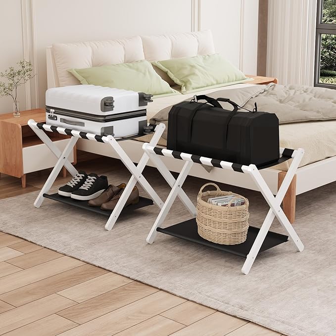 Smuxee White Bamboo Luggage Rack Pack of 2, Foldable Suitcase Stand with Storage Shelf, Easily Assembled Luggage Stand with 5 Nylon Straps for Guest Room Bedroom Hotel