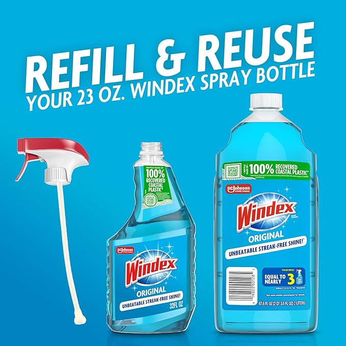 Windex Refill Glass and Window Cleaner Bottle, Bottle Made from 100% Recycled Plastic, Surface Cleaning Spray, Original Blue Scent, 2L (67.6 Fl Oz)