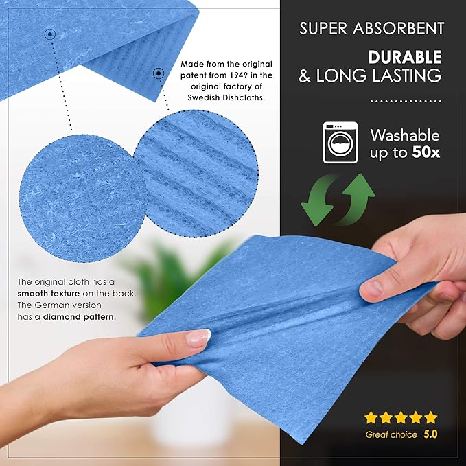 SUPERSCANDI 10 Pack Swedish Dishcloths for Kitchen - 100% Biodegradable & Compostable Reusable Paper Towels Washable, Food-Safe & Without Plastic - Dish Rags Suitable for Any Surface, Blue.