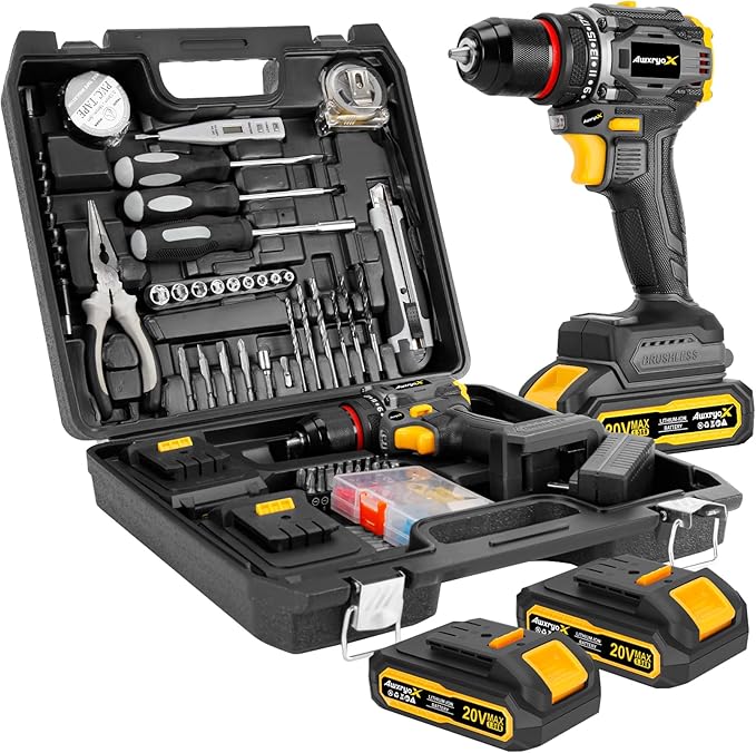 Brushless Compact Drill Tool Set, 60N.m 20V Cordless Drill Tool Box with 2 Battery, 135Pcs Man Household Combo Set with DIY Hand Taladros Kits, 531 In-lb Kit with Drill for Daily Home Repair