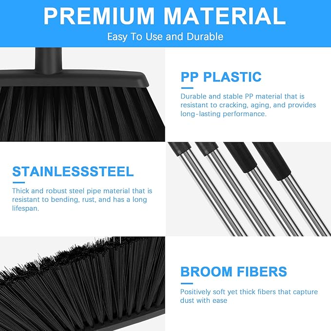 Heavy Duty Angle Broom, 55-Inch Long Handle Extra Wide 12.6 Inch Head, Stainless Steel Tube & PP Bristles for Pet Hair and Dust, Floor Safe - Black