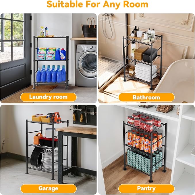 BolDuck 3 Tier Shelf Organizer Rack, Metal Shelving Unit with Adjustable Leveling Feet, Space-Saving Storage Shelves for Closet Laundry Bathroom Kitchen Pantry, 18.11" Wx12.6 Dx29.53 H, Black