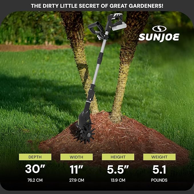 Sun Joe Cordless Garden Tiller & Cultivator with Telescopic Pole, Auxiliary Handle & 6-Inch Steel Blades, 24V, Tool Only - Heavy-Duty Tilling Machine for Lawn, Yard, and Gardening Care, 24V-TLR-CT