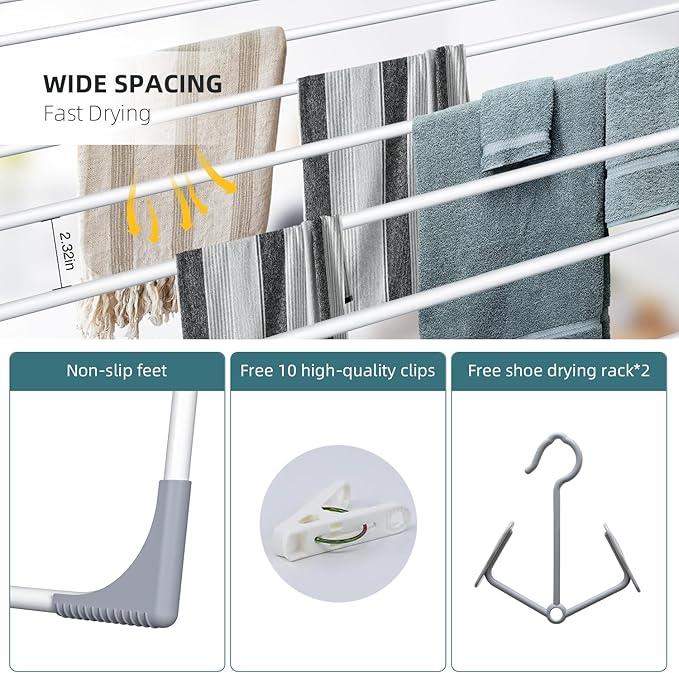 Clothes Drying Rack, Foldable Laundry Rack for Indoor Outdoor, 10pcs Sock Clips, Collapsible Space-Saving Drying Rack for Clothes Towels Dolls, White
